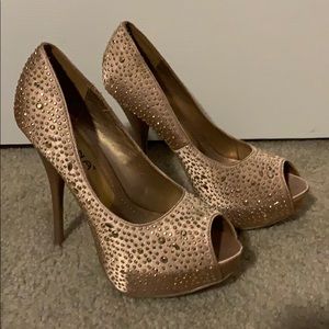 Gold embellished peep toe stilettos